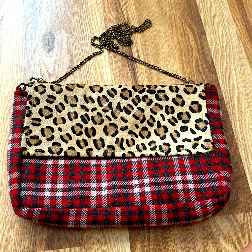 Panache Red and gray plaid cheetah print metal chain Crossbody bag